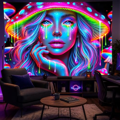 Image of BlissYard Anime Characters Blacklight Tapestry Banner 79x59 Inch Psychedelic Mushroom Girl Neon Trippy Art Aesthetic Bohemian Spiritual Wall Hanging Bedroom Decor Visionary Decration Glow In The Dark Psychedelic Banner Black Light Tapestries