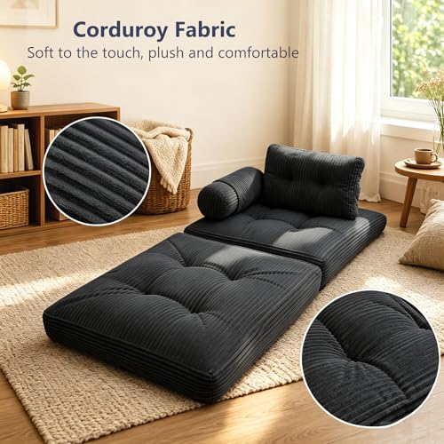 Image of Folding Sofa Bed Convertible Sleeper Chair with Pillow Boneless Futon Chair | Boneless Foldable Couch with Armrest, Comfy Fold Out Floor Couch for Living Room, Dark Grey