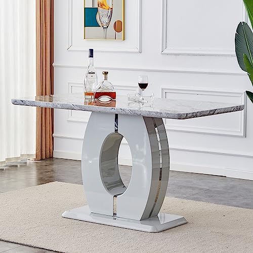 Modern Grey Marble Dining Table for 4, Simple and Luxurious Rectangular Minimalist Marble Bar Table with O-Shaped Pedestal for Dining Room, Living Room, Kitchen (Grey2)