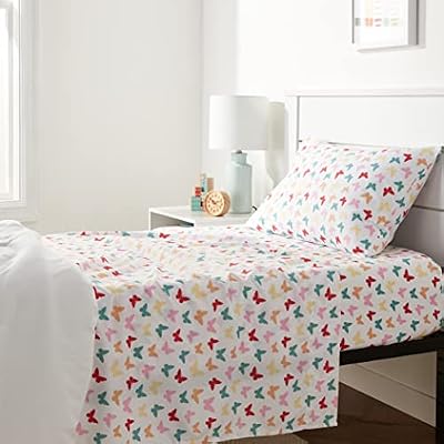 Amazon Basics Kid's Soft Easy-Wash Microfiber 3-Piece Sheet Set, Twin, Multi-Color Butterflies, Butterfly Friends, Printed