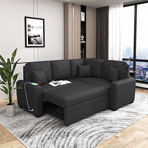 76.7" Convertible Sofa Couch With Pull-Out Sleeper, Multi-Functional Adjustable Sectional Sofá Couches W/ Usb Charging Port, Plug Outlet And 3 Pillows, L-Shaped Chaise For Living Room/Apartment/Office #TOP16
