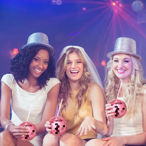 Image of tchrules 12PCS Pink Disco Ball Cups, Reusable Tumbler Disco Flash Bachelorette Party Cup Decorations Glitter Cocktail Ball Cups Spherical with Lid and Straw for Nightclub Bar Party Decor Supplies