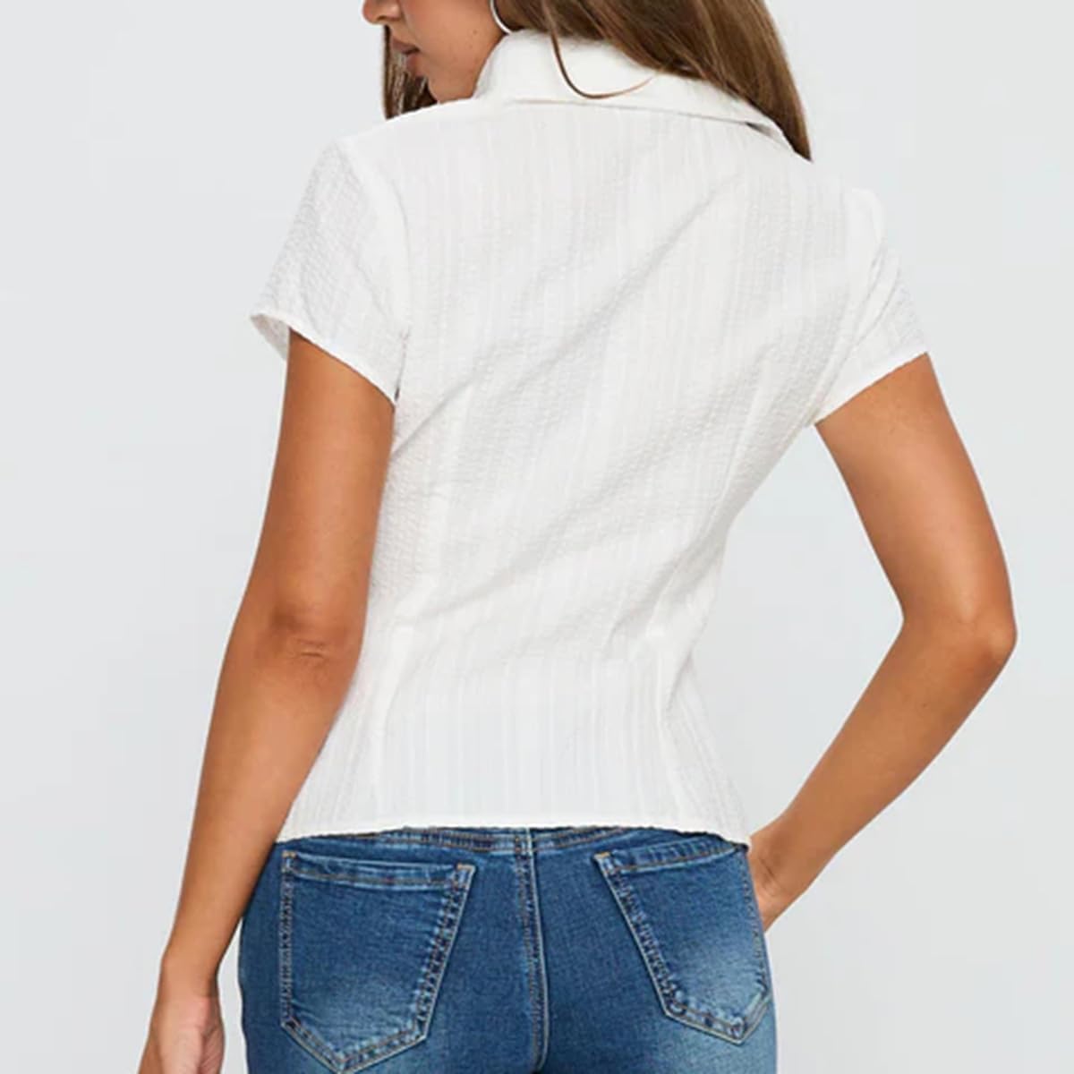 Women Y2K Button Down Shirt, Short Sleeve V-Neck Slim Fitted Blouse Coquette Going Out Top - Image 4