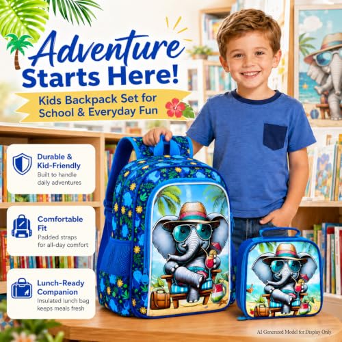 Image of 16 inch Backpack for Boys, 3Pcs Elephant Kids Bookbag with Lunch Box, School Backpacks Set for Elementary Preschool Kindergarten(Blue)