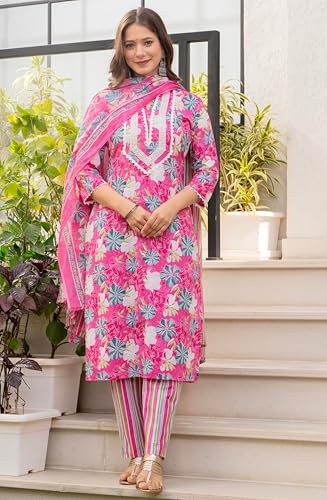 Image of Amayra Women's Pure Cotton Straight Kurta Set with Palazzo Pants & Dupatta|Ethnic wear|Kurti Suit Set for Women