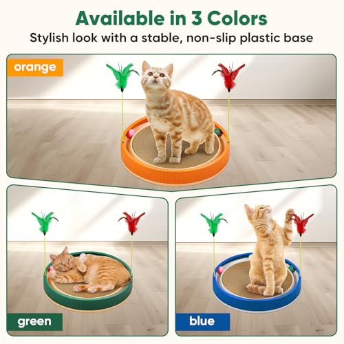 20-Inch Round Cat Scratcher with Ball Track – 3-in-1 Cardboard Scratching Pad with Feather Toy & Non-Slip Base – Interactive Cat Toy for Indoor Cats, Kittens & Large Cats (Green)