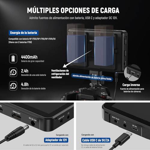 NEEWER 7" F700 Monitor Campo Cámara, Pantalla Táctil IPS 2000nit con LUT 3D, Entrada/Salida Bucle HDMI 4K con Peak Focus DSLR Video Assist HDR Waveform, Zapata Fría Mount, 2 Baterías NP-F750 y Cable - imagen 8