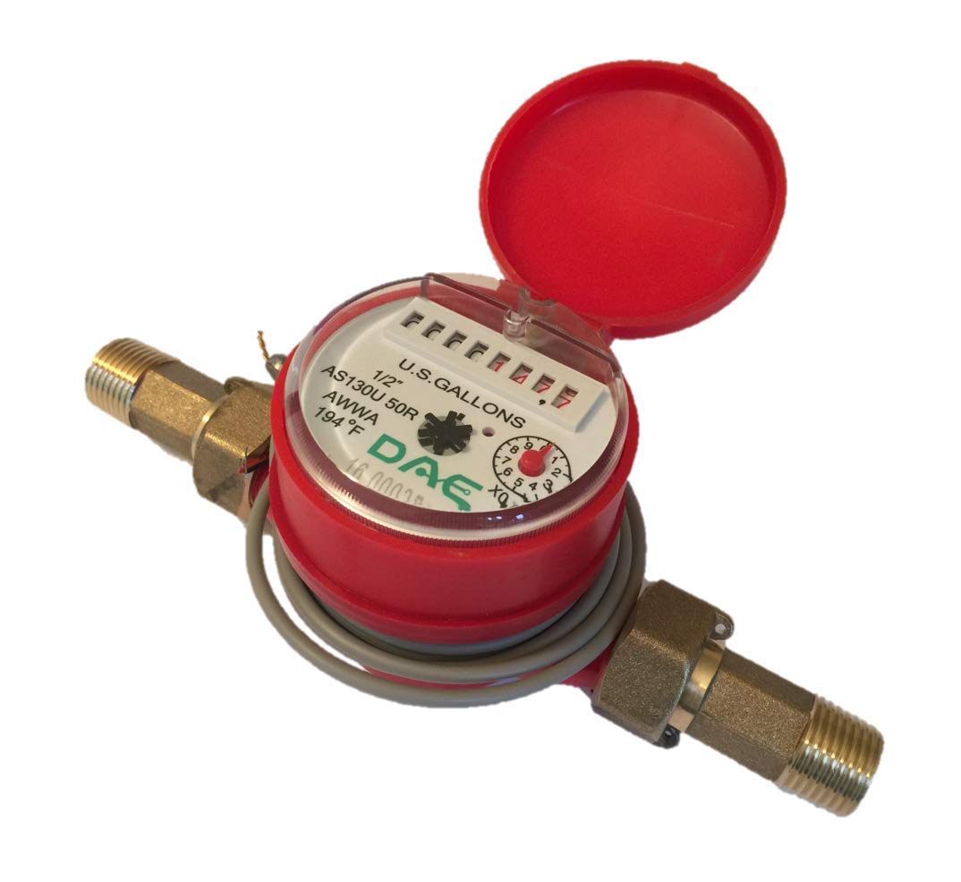 DAE AS130U-50RP 1/2" Hot Water Meter with Pulse Output, Measuring in Gallon + Couplings