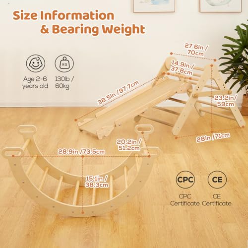 Image of FUNLIO Foldable Pikler Triangle Set, Montessori Climbing Set with Solid Wood for Toddlers 2-5 yrs, Adjustable 5-in-1 Indoor Play Gym with Arch /Slide /Climbing Rock /Triangle, Easy to Install-Small Size