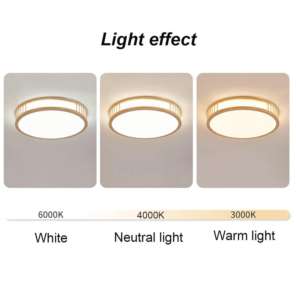 Okrągła Drewniana Lampy Sufitowa LED, Japoński Plafon z Ażurowymi Listwami Oświetlenie Sufitowe Ściemniane do Sypialni Salonu(3 modes,60cm/23.62in)