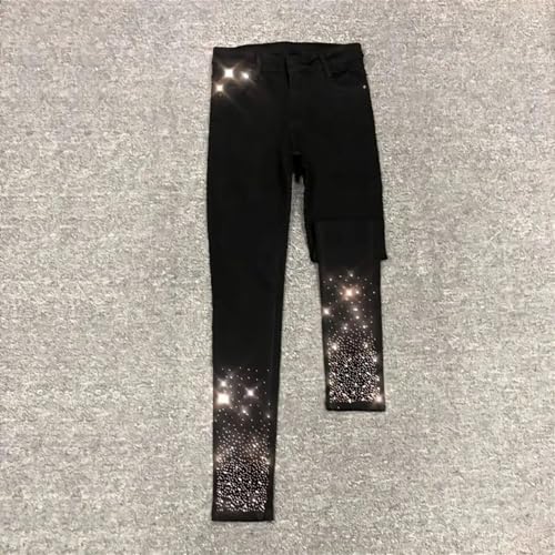 Women's Black Jeans High Waist Slim Rhinestone Pencil Pants Street Stretch Leggings2