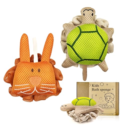 Kids Bath Sponge,Soft Mesh Shower Pouf for Kids,Cute Turtle&Bunny Bath Loofah Gentle Fun Bath Accessories for Boys and Girls