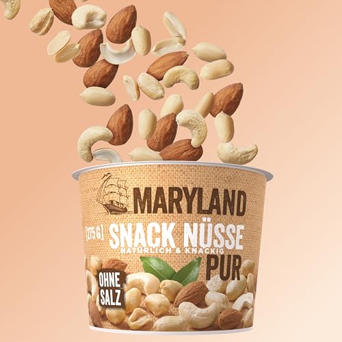 Maryland Snack Nüsse Pur 275g Becher Vorratspack - Erdnüsse, Cashewkerne und Mandeln in Nussmischung - Geröstet & ungesalzen - wiederverschließbarer Becher (6 x 275 g)