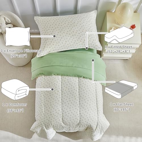 Image of DuShow Toddler Bedding Set for Girls and Boys,4 Piece Bed-in-a-Bag Toddler Comforter Sets,Green Floral Crib Bedding Sheets Set,Include Quilt Comforter,Flat Sheet,Fitted Sheet,Pillowcase