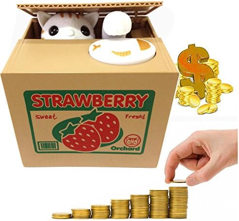 HmiL-U Stealing Coin Money Box Automatic Stealing Coin Cent Penny Cat Piggy Bank With Voice Christmas/Birthday Gift for Kids Child (Strawberry-Cat)