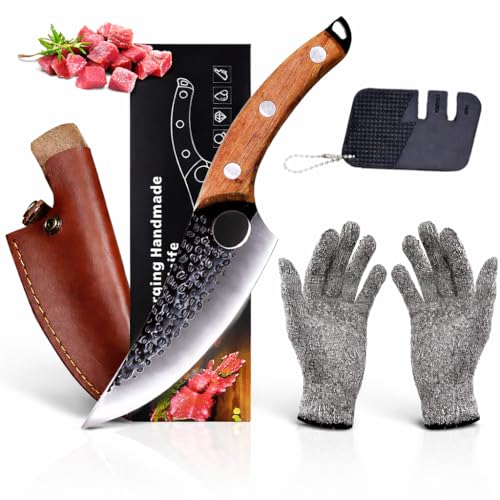 Image of Hand Forged Boning Chef Knife with Leather Sheath, Pocket Knife Sharpener, Cut Resistant Hand Gloves, Japanese Knife, Ultra Sharp High Carbon Kitchen Knive Cooking Gifts,Chopping,Cooking