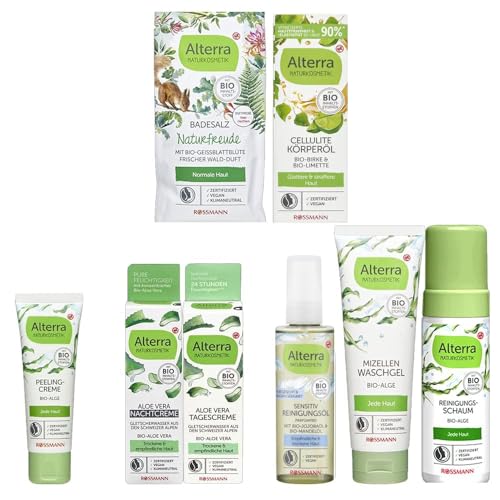 8tlg. Beauty Set: Alterra Naturkosmetik vegan Tagescreme Nachtcreme Bio-Aloe Vera Reinigungs-Öl Schaum Peeling-Creme Waschcreme Bio-Alge Cellulite Hautöl Bio-Birke Badesalz + Tote Bag