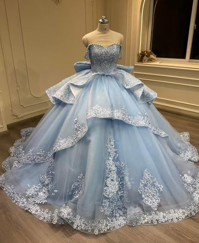 Zhangyo Off Shoulder Quinceanera Dresses Luxury Tiered Tulle Sweet 15 16 Dresses with Bow Sparkly Lace Beaded Ball Gown2