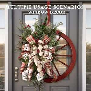 Christmas Wreath 24 inch Artificial Plaid Bow Holiday Pine Cones Wreath Hanging Roulette Wheel Garland for Front Door Decoration and Christmas Party Decor