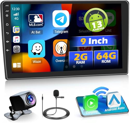 Hikity 2+64G Android 13 Double Din Car Stereo with Wireless Carplay Android Auto, 9 Inch Touch Screen Car Radio with Bluetooth GPS WiFi FM RDS SWC Mic AHD Backup Camera Voice Control