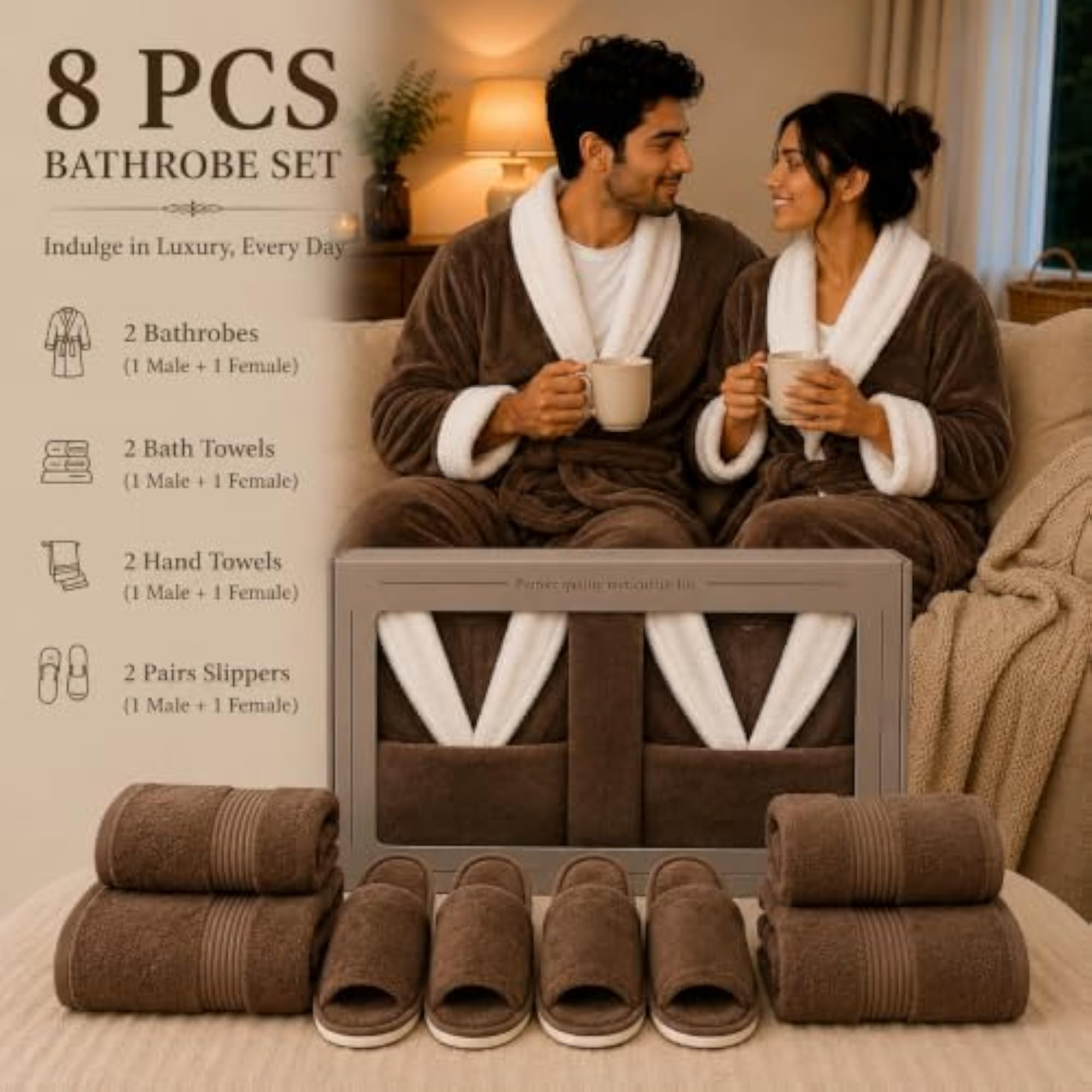 Home Canvas Premium Cotton Bathrobe Set with Towel & Slippers