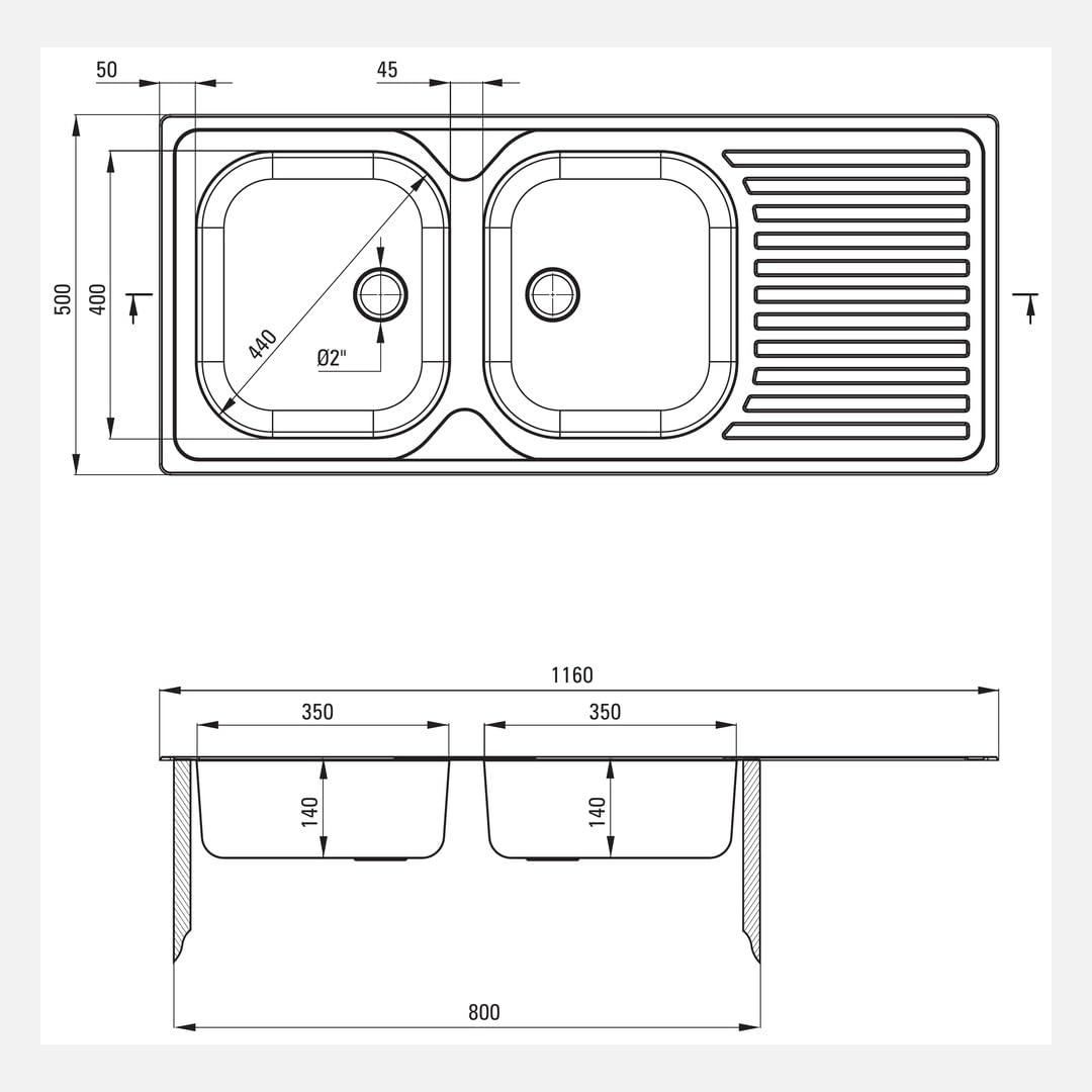 Fregadero de cocina empotrado de acero inoxidable con 2 senos y escurridor, 116 x 50 cm, acabado satinado – Telivo