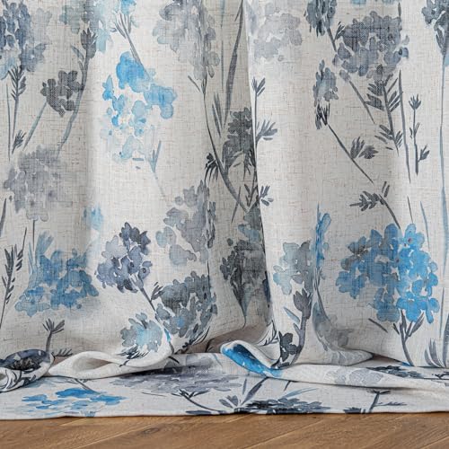 Image of MYSKY HOME Linen Curtains for Living Room 84 inch Length 2 Panels with Floral Pattern Semi Sheer Light Filtering Privacy Window Drapes for Bedroom Dining Room Patio, Navy Blue, 2 Pcs