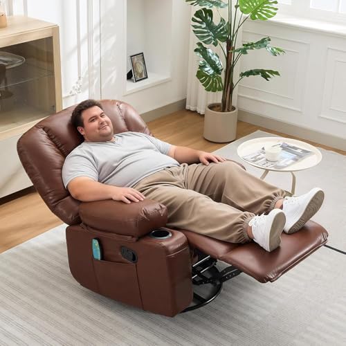 Image of Oversized Manual Swivel Recliner Chair for Adults, 360 Swivel Rocker Glider with Vibration Massage & Heat, Extra Wide Chenille Fabric Lazy Chair for Living Room Bedroom, Brown PU