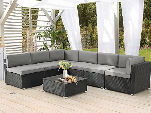 Aecojoy 7 Piece Patio Pe Rattan Wicker Sofa Set, Outdoor Sectional Conversation Furniture Chair Set With Grey Cushions And Coffee Table #TOP11