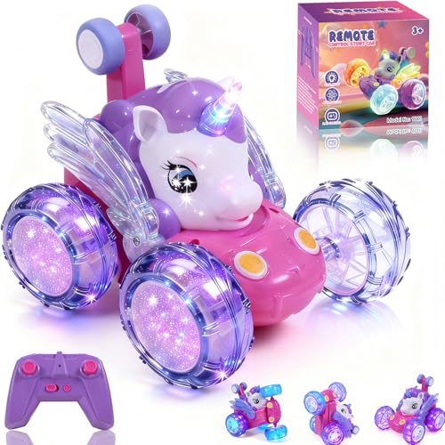 Unicorn Toys RC Car for Girls 4-6 Beginner-Friendly Cute Remote Control Toy - High-Speed All-Terrain 360°Flips Stunt & Cool Blinky Lights Ideal Christmas Birthday Gift for Age 3 4 5 6 7 8 - Purlple