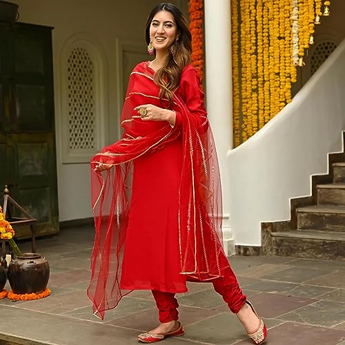 Image of GoSriKi Women's Cotton Blend Straight Solid Kurta with Pant & Dupatta