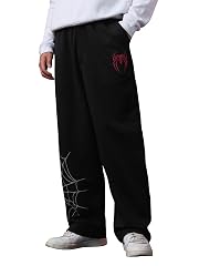 The Souled Store Spider-Man: Wallcrawler Men and Boys Elastic Waistband Black Embroidered Cotton Blend Oversized Fit Lightweight Fleece Korean Joggers