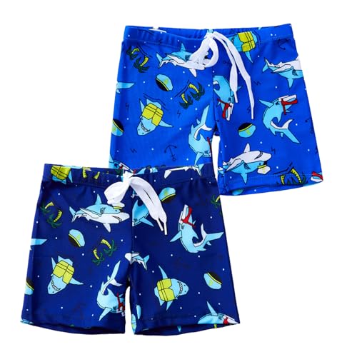 NautySaurs 2-Pack Boys Swimming Trunks Toddler Kids Dinosaur Swim Shorts Cute Shark Clownfish Swimwear, Sharks, 6-7 Years