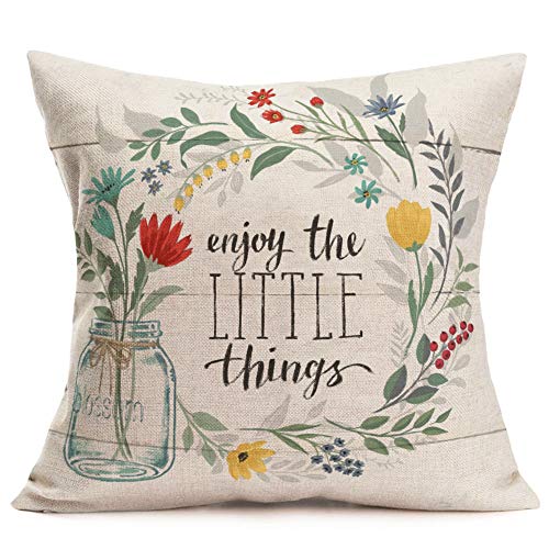 Asminifor Set Of 4 Rustic Wood Decorative Throw Pillow Cover Watercolor Flower Wreath With Classical Saying Farmhouse Pillow Case Cotton Linen Cushion Cover For Home Sofa Decor 18"X18"(Wood Wreath) #TOP2