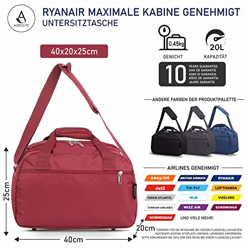 Aerolite Ryanair Handgepäck 40x20x25 Maximale Größe der Kabinenreisetasche Flugtasche Reisetasche Flugzeug unter dem Sitz Faltbare Kleine Reisegepäck 5 Jahre GARANTIE (Wein)