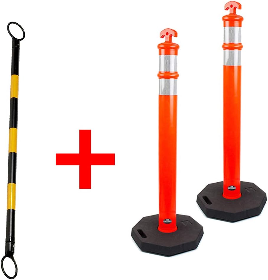 RK DPOST2T Polyethylene Portable Delineator Post 42" Height with 13 Lb Base and Yellow/Black PVC Retractable Cone Bar, 2" OD x 53-84" Length, Orange [DPOST2T(2), CBARYB7(1)]