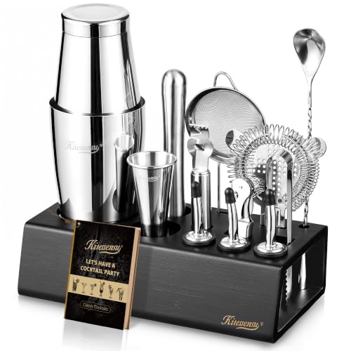 KITESSENSU Boston Shaker Set Mixology Bartender Kit | Premium Cocktail Shaker Kit with Stand Professional Home Bar Tools Accessories: Martini Shaker, Citrus Tools, Fine Mesh Strainers, Muddler, Jigger
