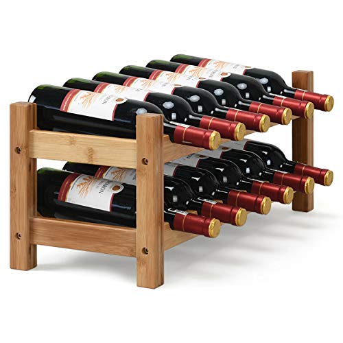 Costway Wine Rack, Bamboo 12 Bottles 2-Tier Wine Display Rack For Countertop Home Kitchen Pantry, Free Standing Wine Storage, Rack Tabletop Wine Rack (Nature) #TOP7