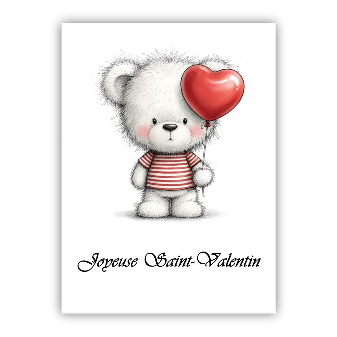 Multilingual Valentine’s Day Card – Cute Bear with Heart Balloon – Romantic Greeting Card for Husband, Wife, Boyfriend, Girlfriend (• French: Joyeuse Saint-Valentin)