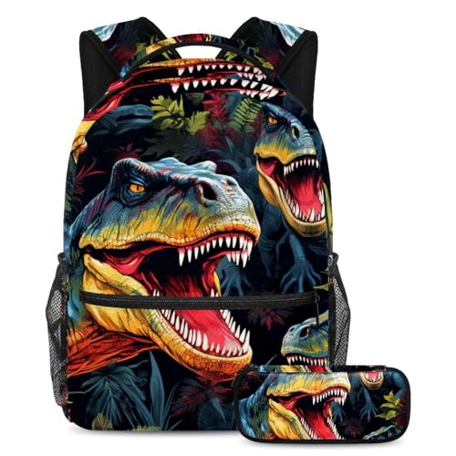 Sac à dos dinosaure avec trousse à crayons, grand sac d'école mixte pour étudiants