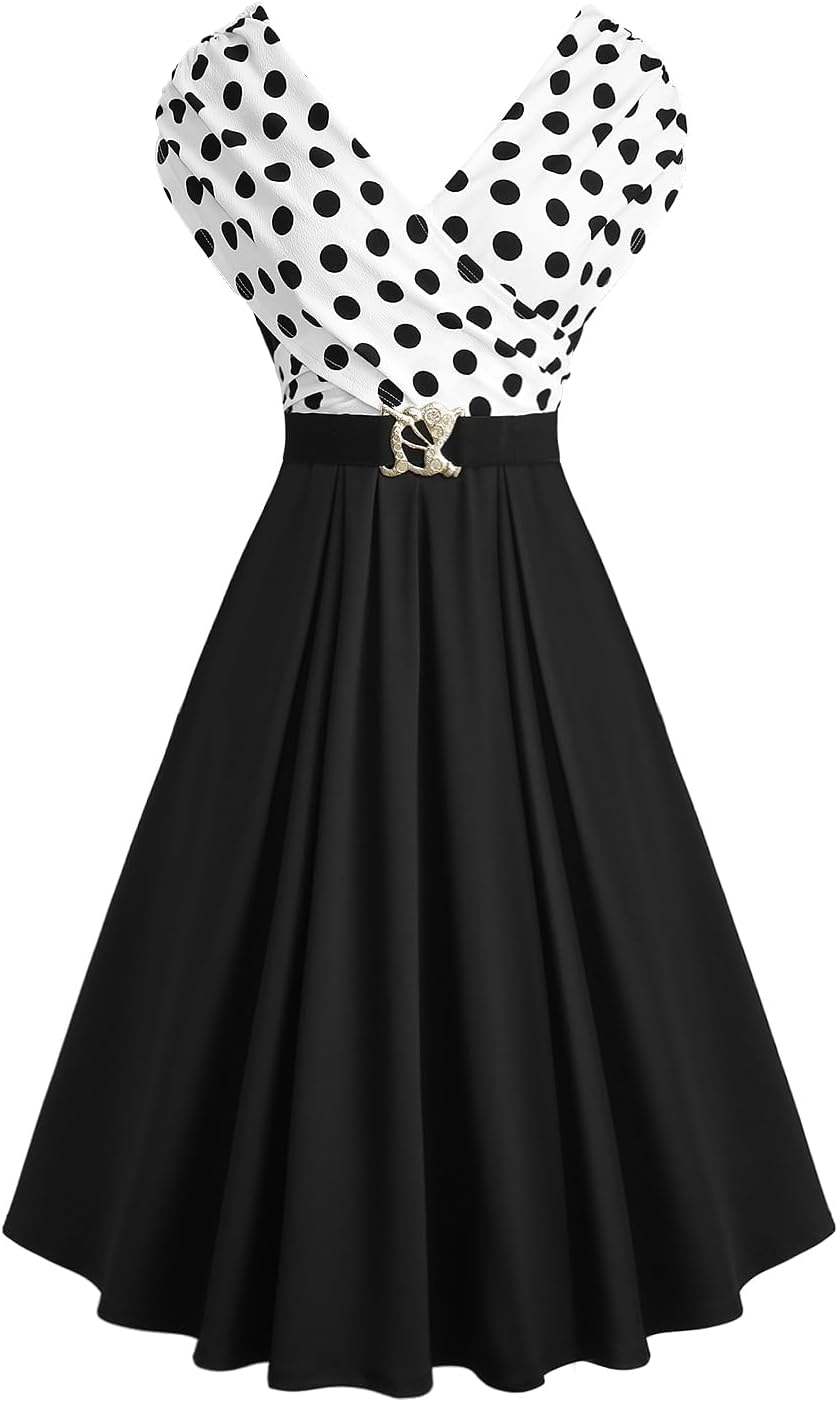 ROSE GAL Women Plus Size 1950s Vintage Retro V Neck Cocktail Swing Crossover Sleeveless Polka Dot Ruched Dress