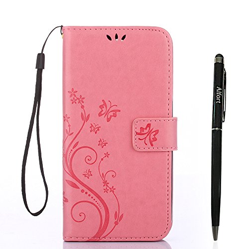 Alfort Samsung Galaxy A5 (2017) Hülle, Samsung Galaxy A5 (2017) Schutzhülle, Lederhülle PU Leder Tasche Cover Wallet Case für Samsung A5 2017 Smartphone Schmetterling (Rosa) + Stylus Pen