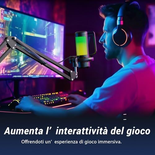 Gaming Microfono, USB Mic con Supporto per Braccio, Micro a Condensatore Cardioide con RGB e Luminosità Regolabili, Mute Rapido, Controllo del Guadagno, per Streaming, Gaming TC310+ - Microfono streaming - Immagine 8