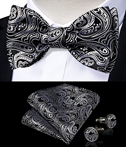 Image of DiBanGu Men Bow Tie Paisley Striped Self-Bow Tie for Men and Silk Woven Bowtie Pocket Square Cufflinks Wedding Party