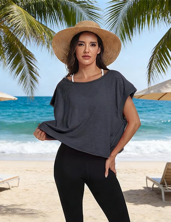 denking Women Open Back Workout Tops 100% Cotton Short Sleeve Tops Casual Yoga Athletic Gym Running Crop Cute Oversize Tees(Dark Grey XS) by denking - Used condition - Image 2