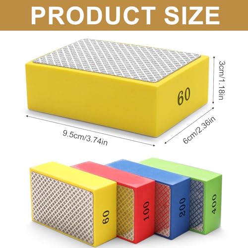 Eulihent 4 Stück Diamant Handpolierpads, Diamant Schleifpad, Fliesen Schleifblöcke Polierpads, Glas-Schleifpads für Granit, Marmor, Keramik | Körnung 60# 100# 200# 400#
