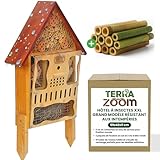 Grand hôtel à insectes résistant aux intempéries XXL en bois – Hôtel à abeilles grand XXL avec piquet à suspendre ou à poser, hôtel pour abeilles sauvages & maison à hombus avec plaque avant amovible