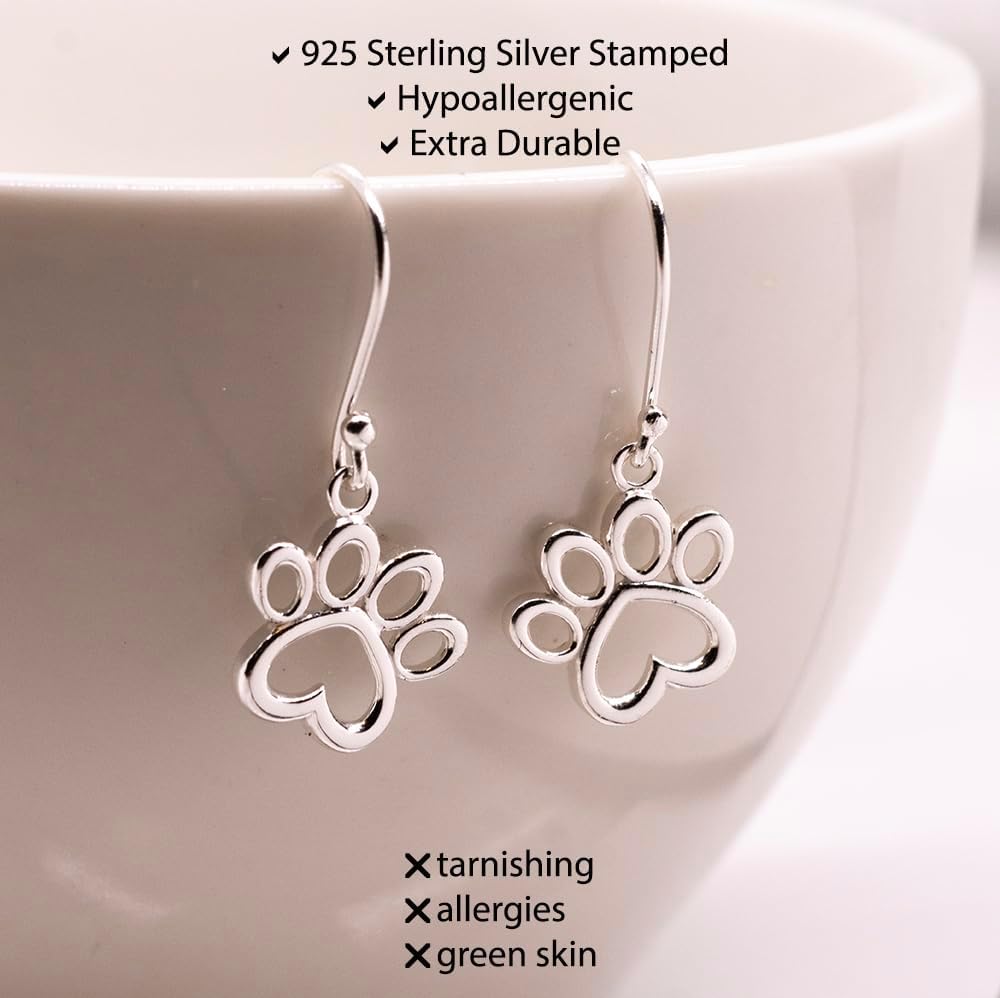 Hoops & Loops 925 Sterling Silver Puppy Dog Cat Pet Paw Print Love Heart Drop Dangle Hook Earrings for Women Men