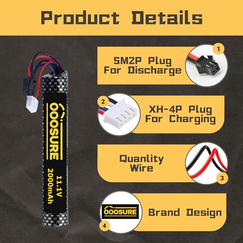OooSure 2000mah 11.1V 3S Airsoft Battery with SM2P to XT30 / Mini Tamiya Switch Cable for RC Toy - Thumbnail 3