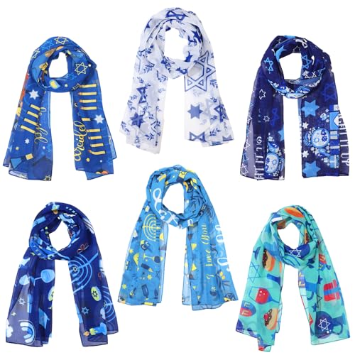 Cozypower 6 Pcs Hanukkah Scarves Chanukah Gifts with Hexagram Menorah Lightweight Soft Chiffon Scarves for Women Holiday Outfits Costume Party Supplies